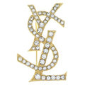 Saint Laurent Paris Rhinestone Logo Brooch Gold