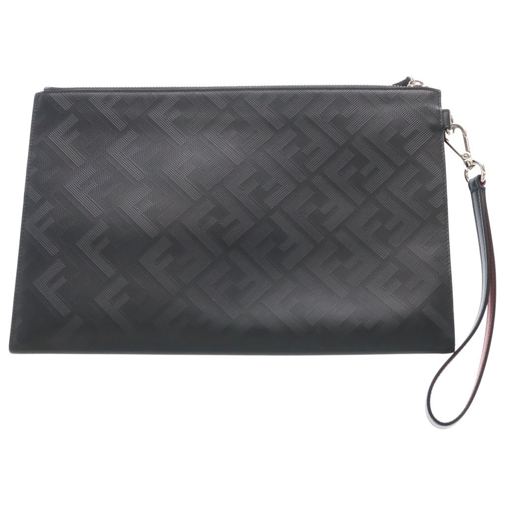 Fendi Shadow Flat Slim Clutch Second FF Pattern Case Pouch Black Leather Silver — view 2