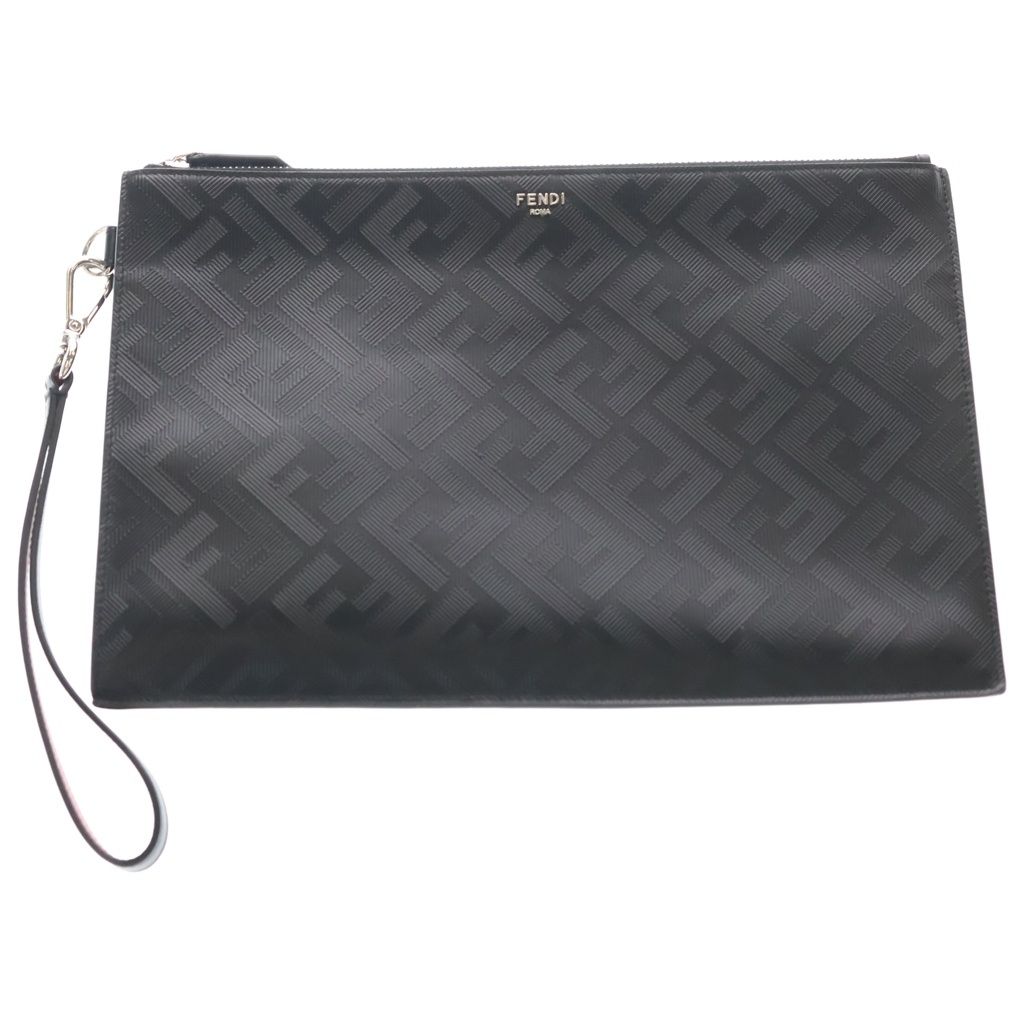 Fendi Shadow Flat Slim Clutch Second FF Pattern Case Pouch Black Leather Silver