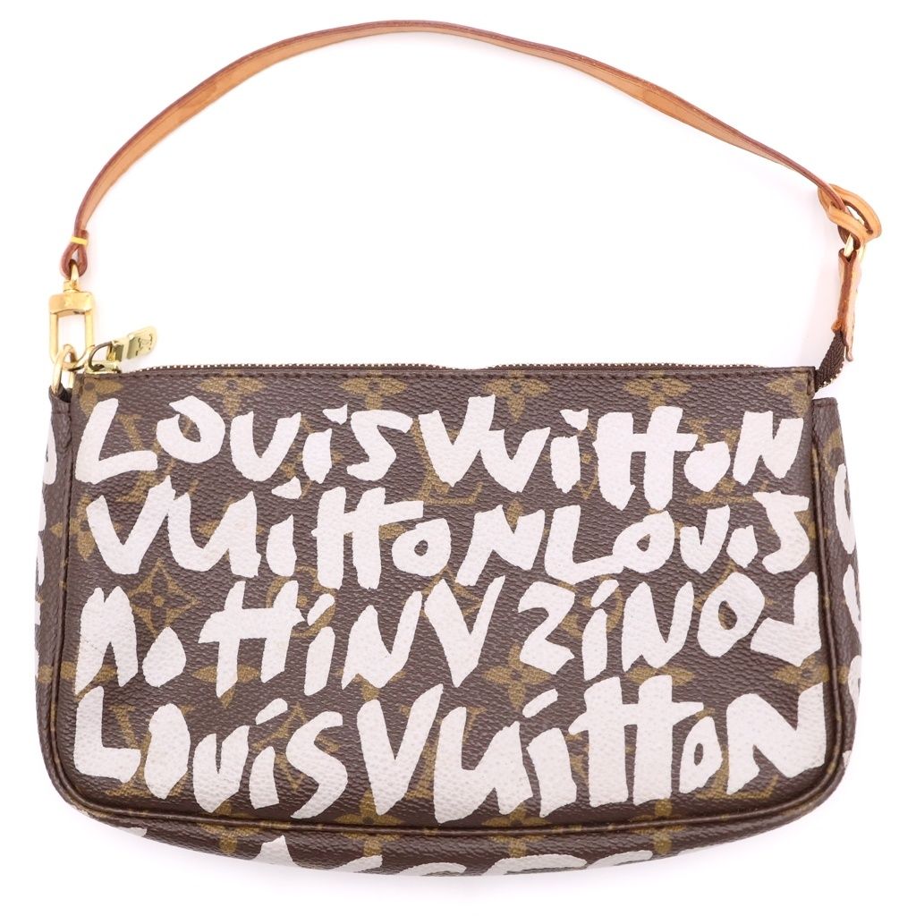 Louis Vuitton Monogram Graffiti Pochette Handbag Case Pouch Brown Leather Gold
