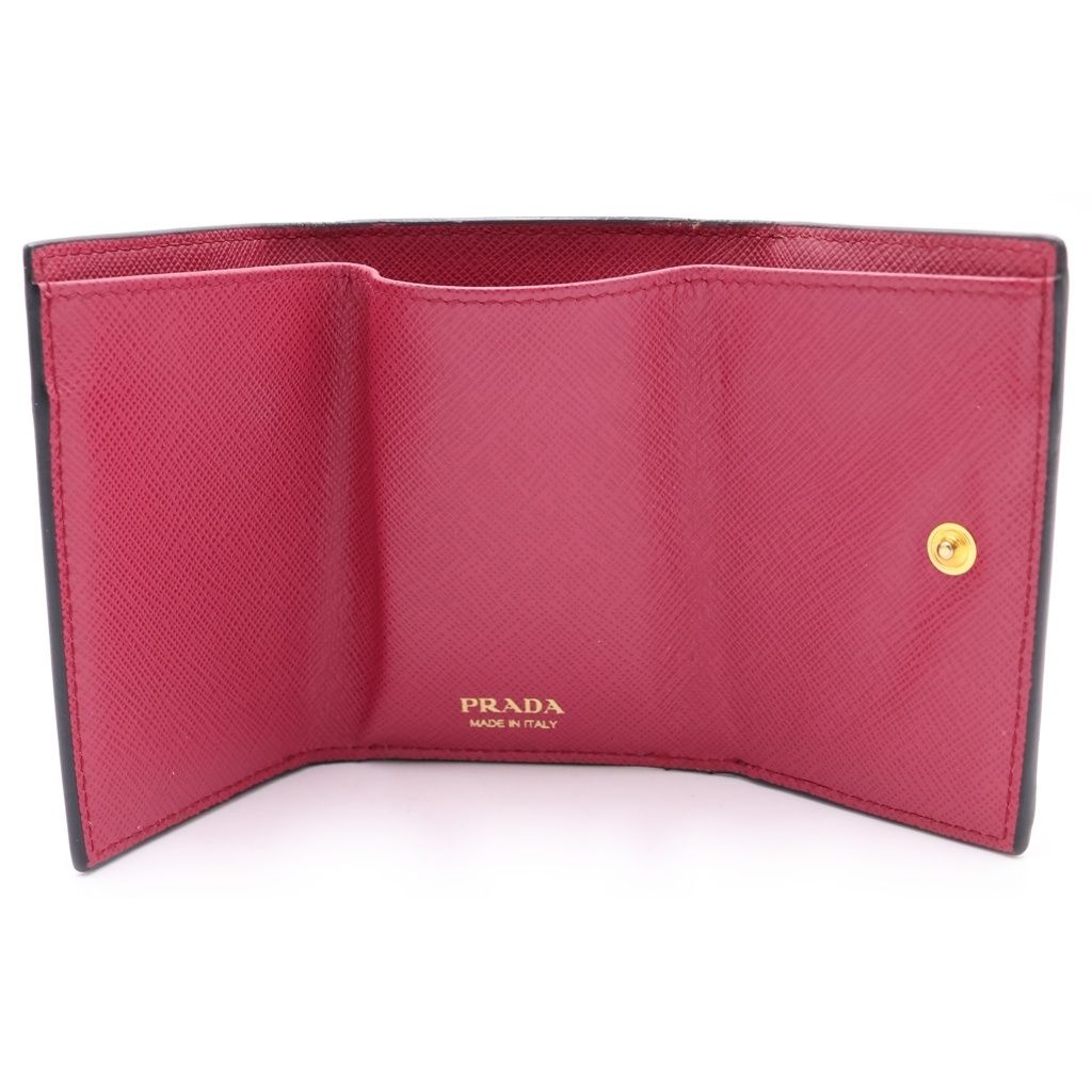 Prada Saffiano Trifold Wallet Compact Coin Case Black Pink Leather Gold — view 4