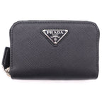 Prada Saffiano Coin Case Mini Wallet Black Leather 2 003 Silver