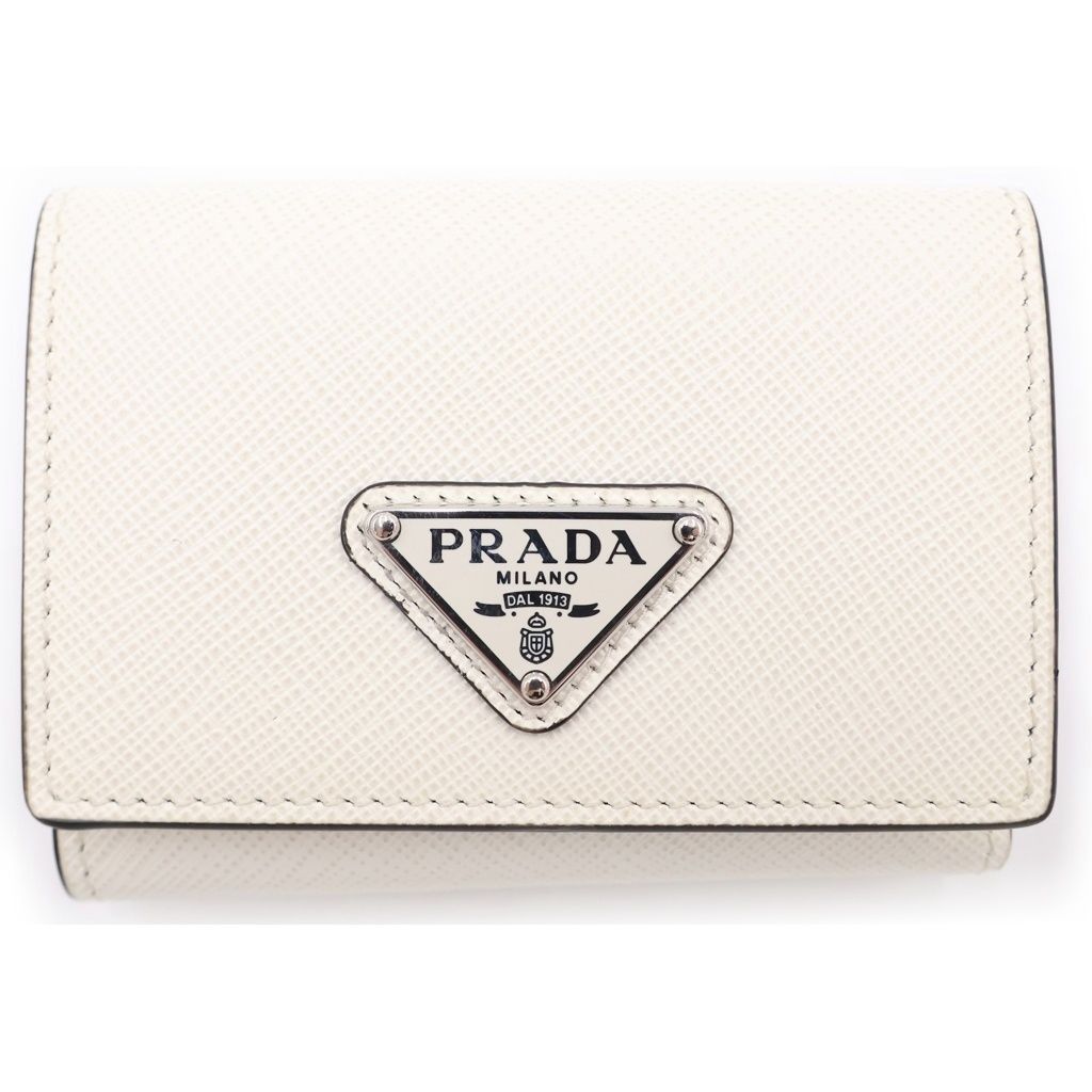 Prada Saffiano Trifold Wallet Compact Coin Case White Leather Silver