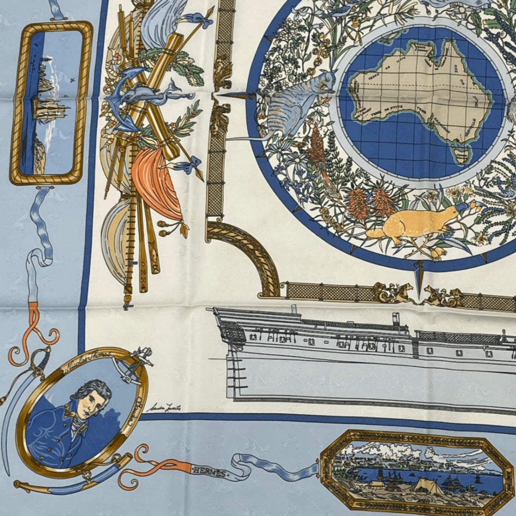 Hermes Carre 90 le Geographe Geographer Blue Multicolor Silk Scarf