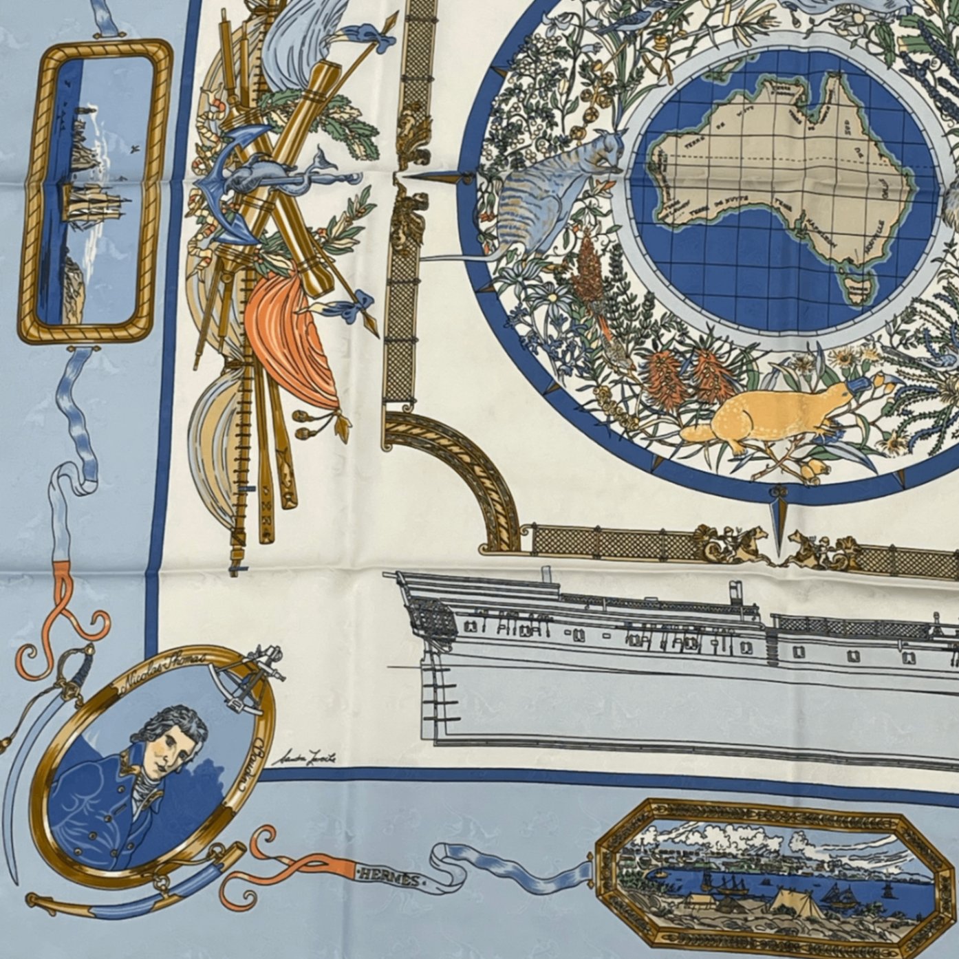 Hermes Carre 90 le Geographe Geographer Blue Multicolor Silk Scarf