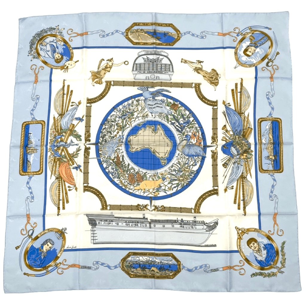 Hermes Carre 90 le Geographe Geographer Blue Multicolor Silk Scarf