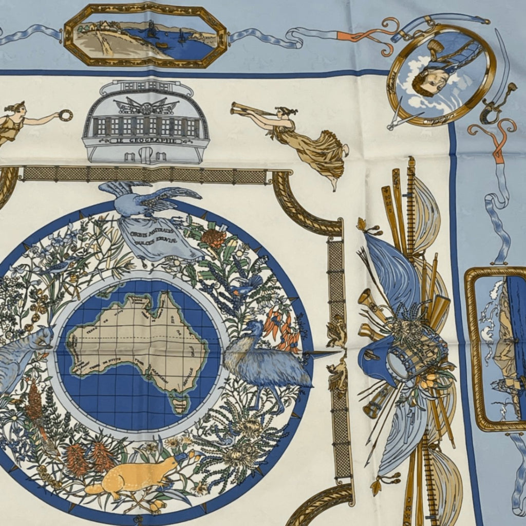 Hermes Carre 90 le Geographe Geographer Blue Multicolor Silk Scarf
