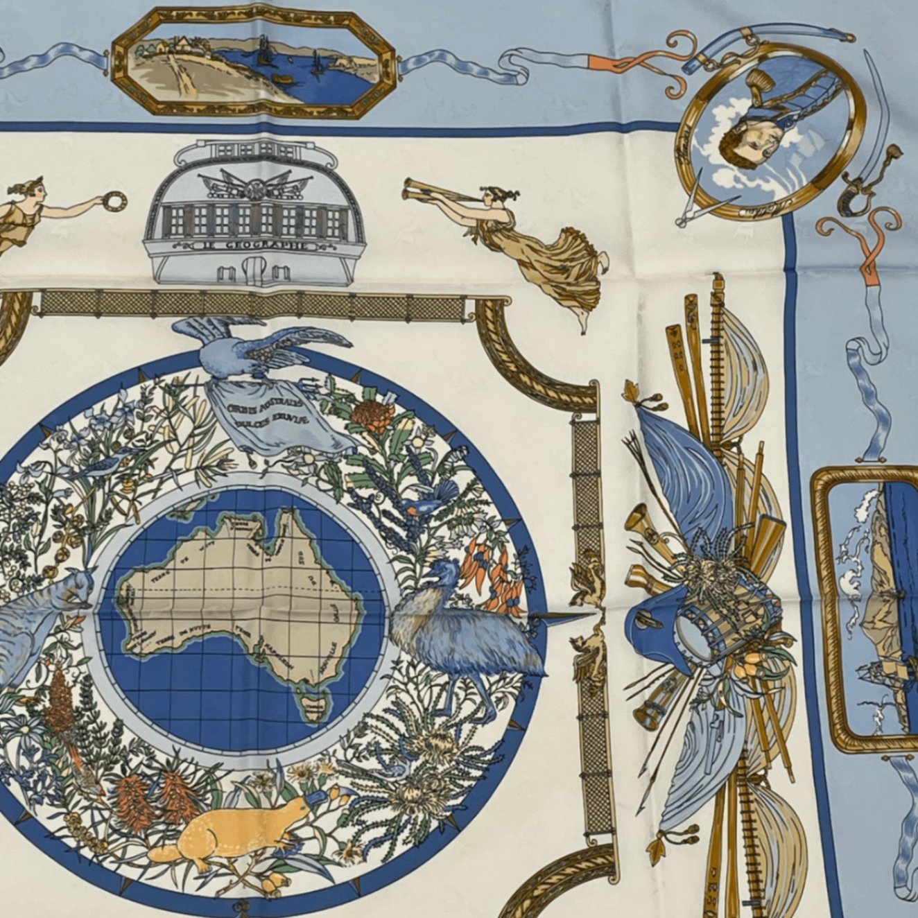 Hermes Carre 90 le Geographe Geographer Blue Multicolor Silk Scarf
