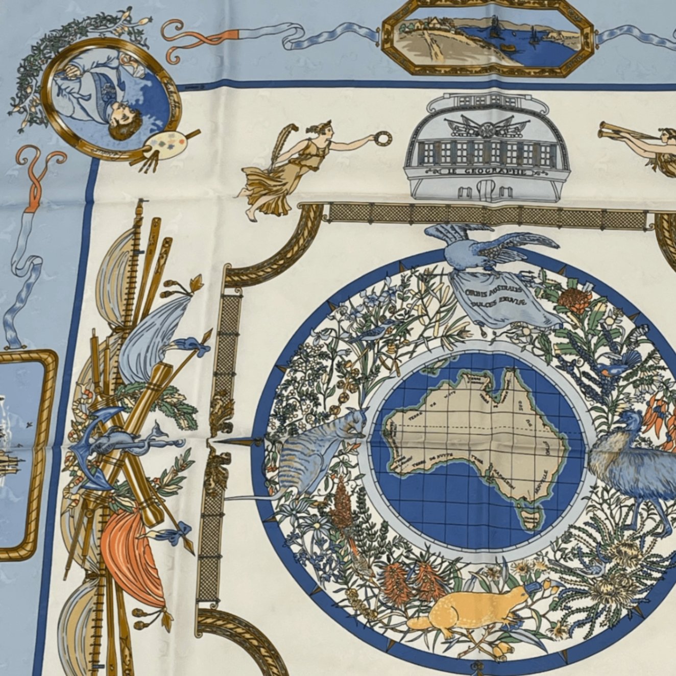 Hermes Carre 90 le Geographe Geographer Blue Multicolor Silk Scarf