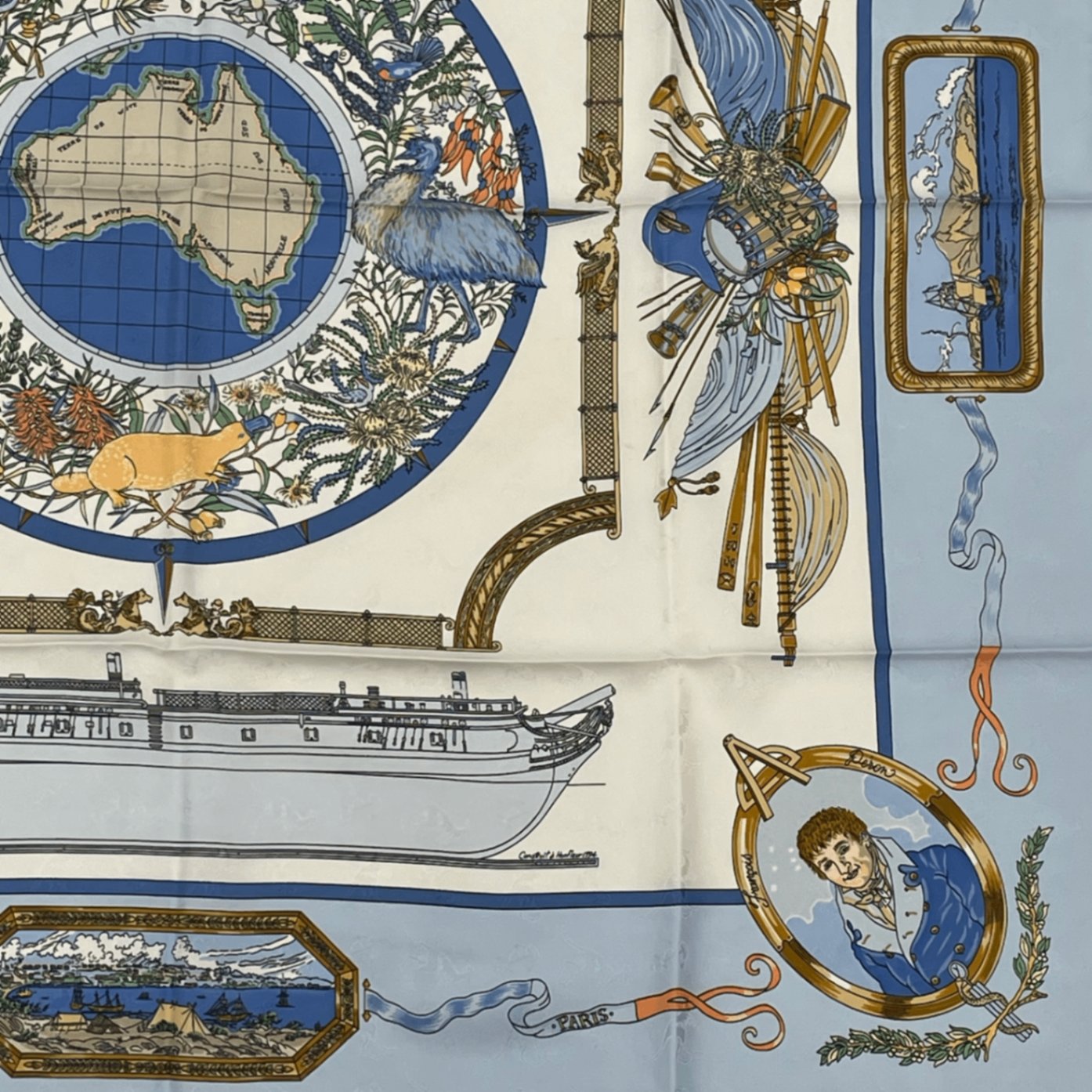 Hermes Carre 90 le Geographe Geographer Blue Multicolor Silk Scarf