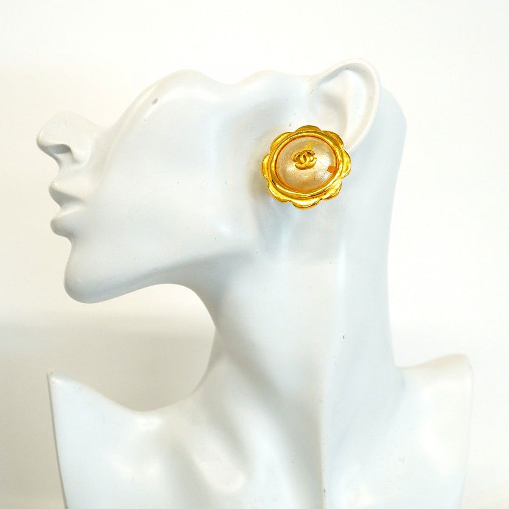Chanel Earrings Vintage CC Logo Flower Motif Gold Plated Faux Pearl — view 5