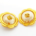 Chanel Earrings Vintage CC Logo Flower Motif Gold Plated Faux Pearl — view 6