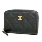 Chanel Trifold Wallet Quilted Caviar Leather Black Gold