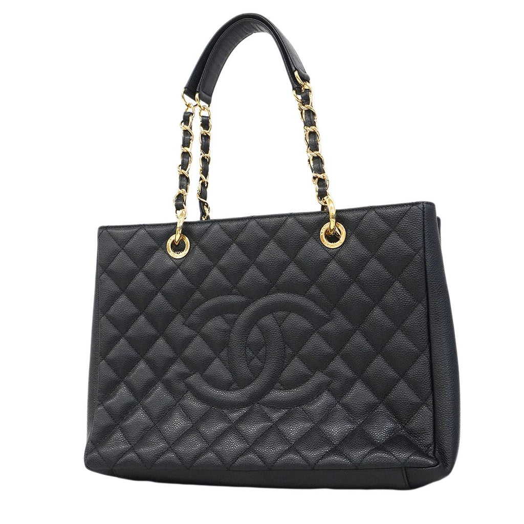 Chanel Chain Tote Quilted Caviar Leather Black Gold