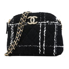 Chanel Shoulder Bag Quilted Tweed Black Champagne Gold