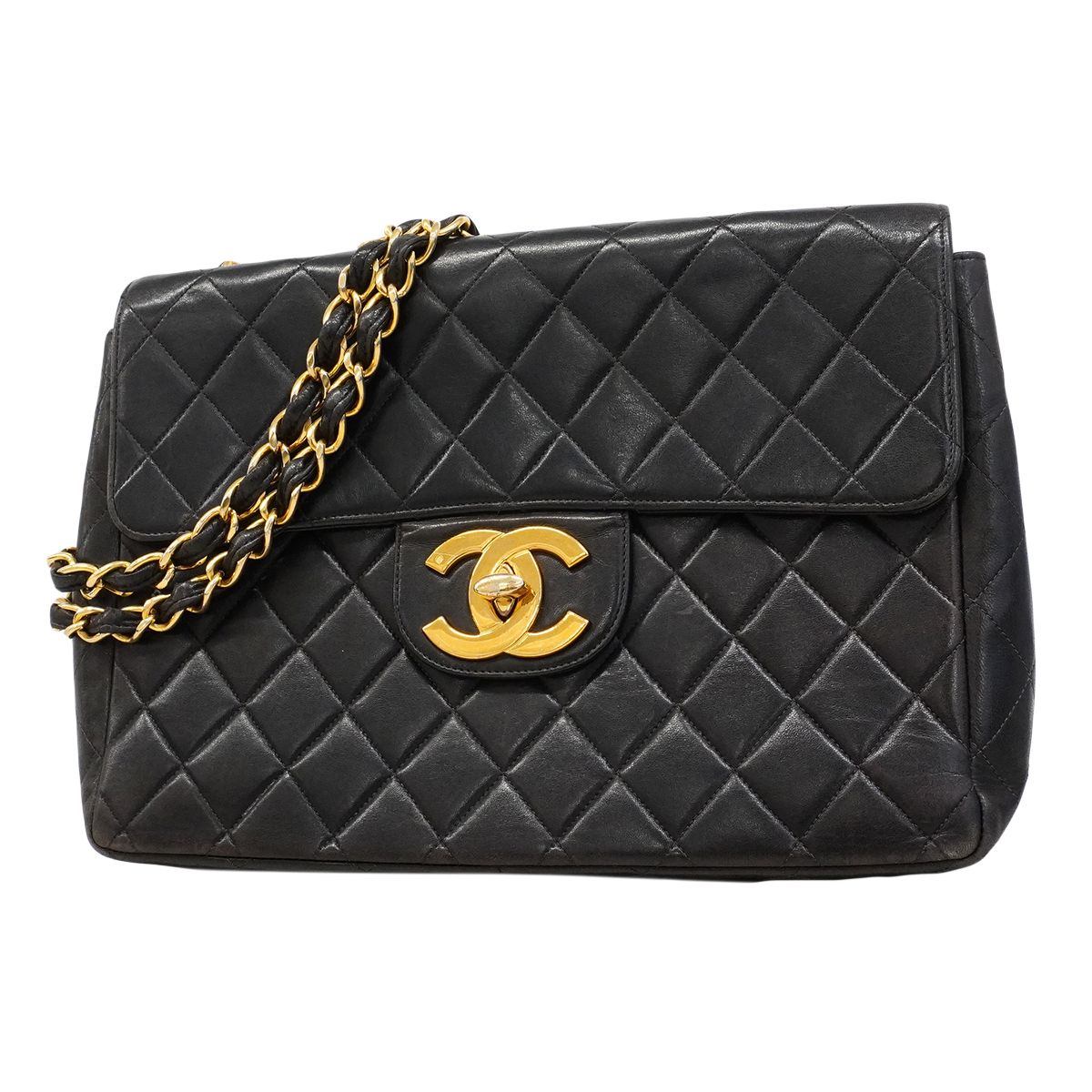 Chanel Shoulder Bag Deca Quilted Lambskin Black Gold