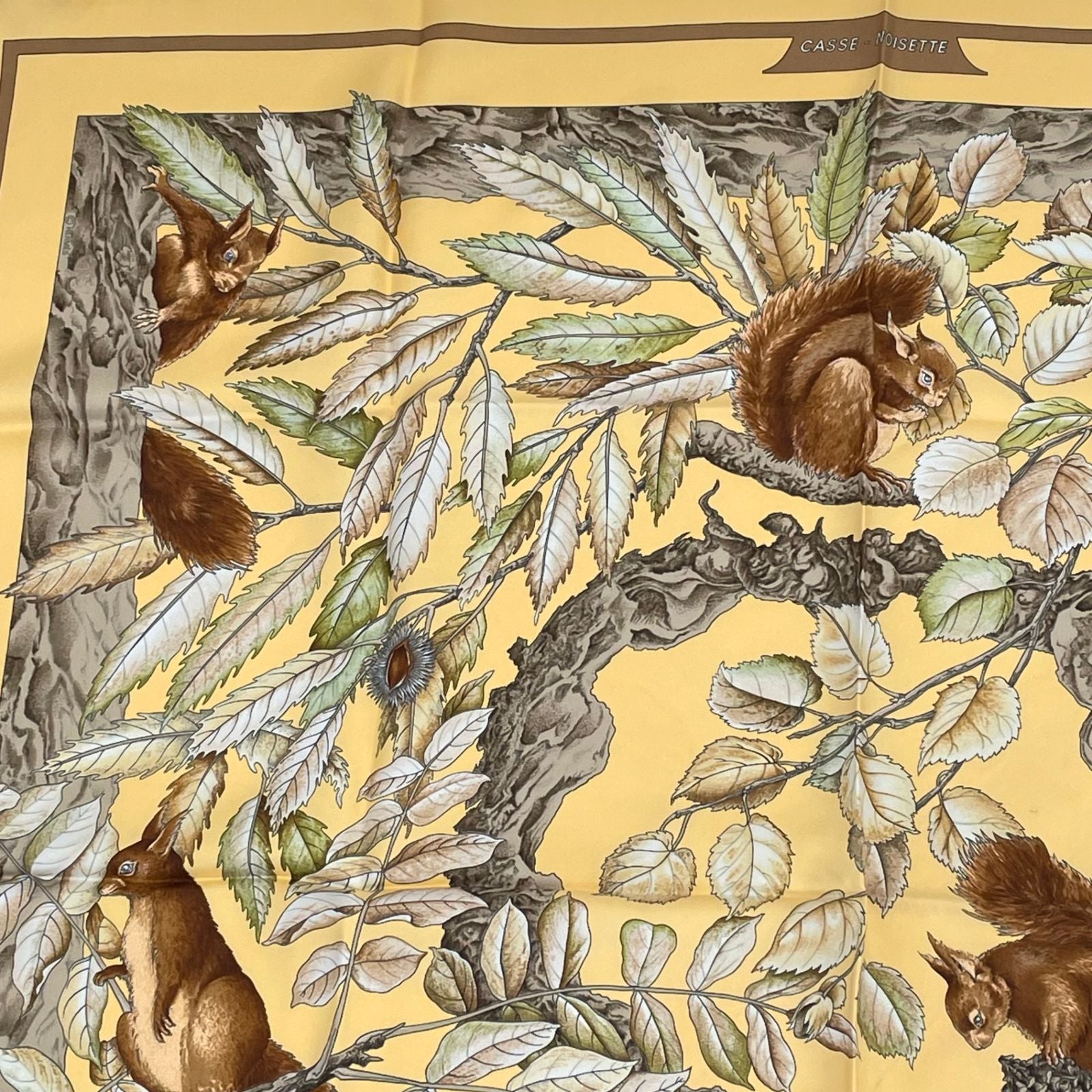 Hermes Carre 90 Casse Noisette Nutcracker Squirrel Pattern Nut Scarf Silk Yellow — view 2