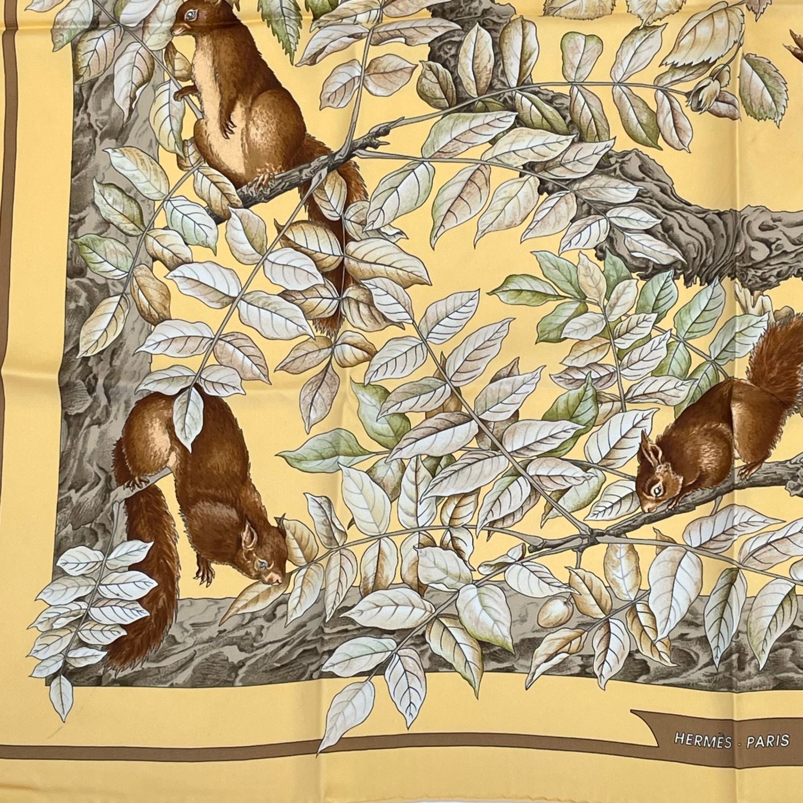 Hermes Carre 90 Casse Noisette Nutcracker Squirrel Pattern Nut Scarf Silk Yellow — view 4