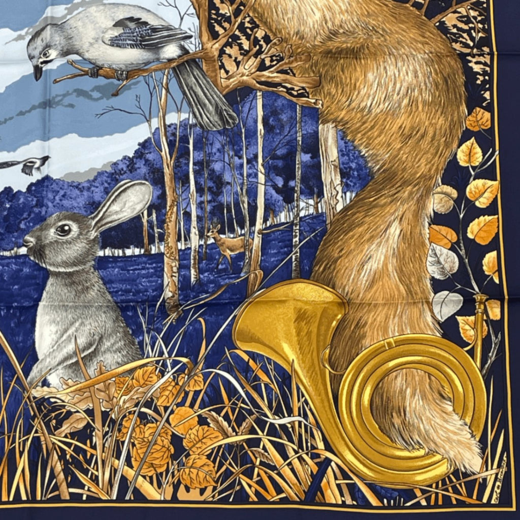 Hermes Carre 90 Chasse Au Bois Forest Hunting Blue Scarf Silk
