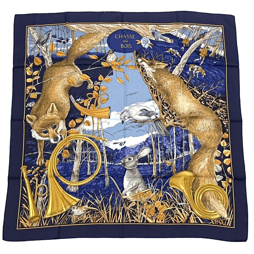 Hermes Carre 90 Chasse Au Bois Forest Hunting Blue Scarf Silk