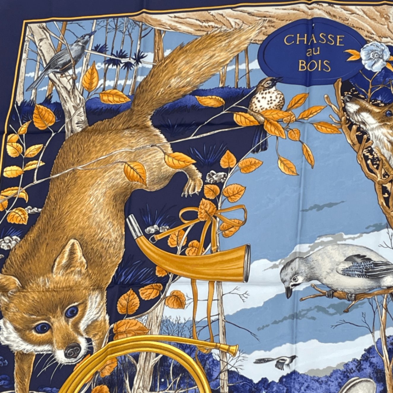 Hermes Carre 90 Chasse Au Bois Forest Hunting Blue Scarf Silk