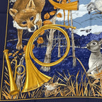 Hermes Carre 90 Chasse Au Bois Forest Hunting Blue Scarf Silk