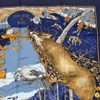 Hermes Carre 90 Chasse Au Bois Forest Hunting Blue Scarf Silk