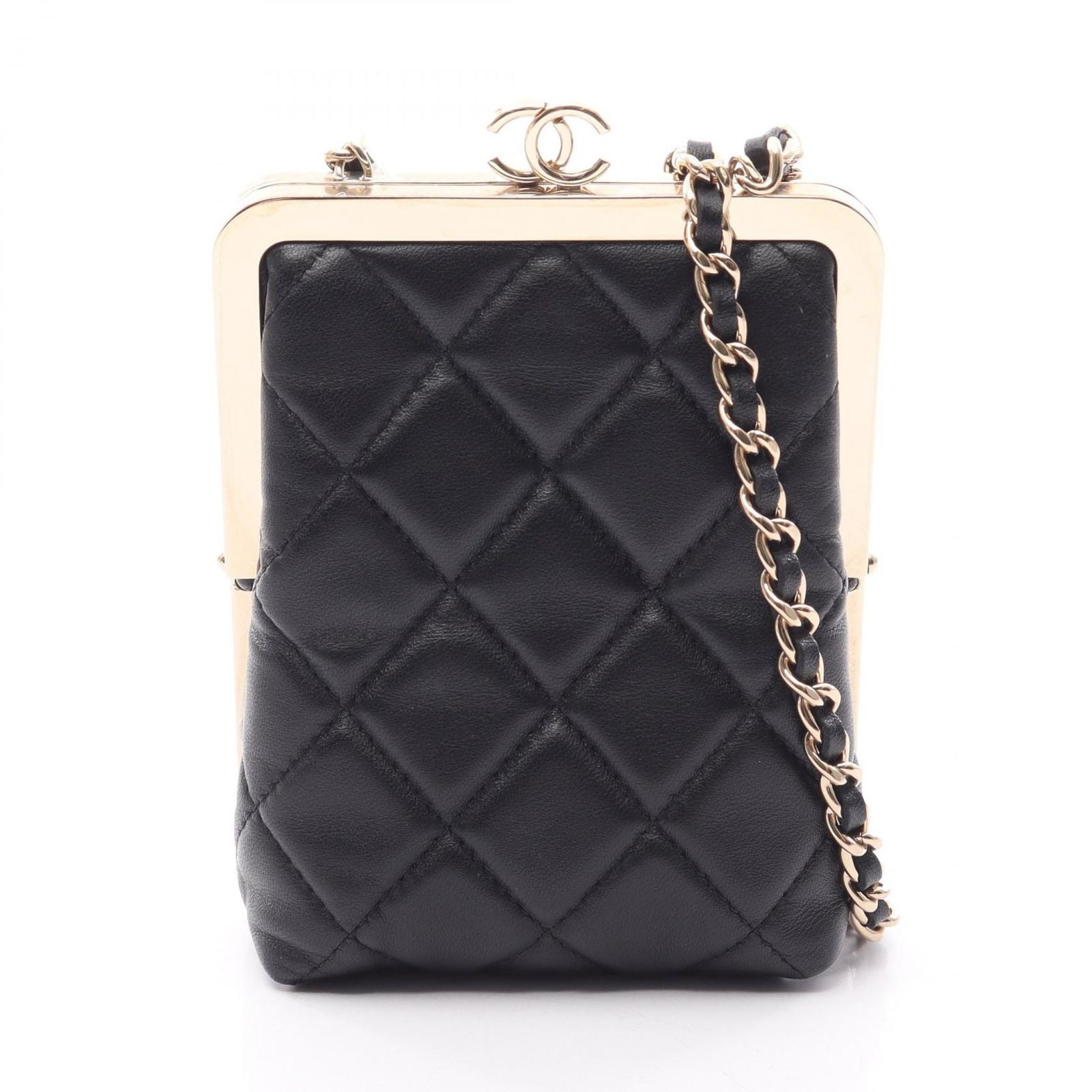 Chanel Shoulder Bag Quilted Black Leather Kiss Lock Chain