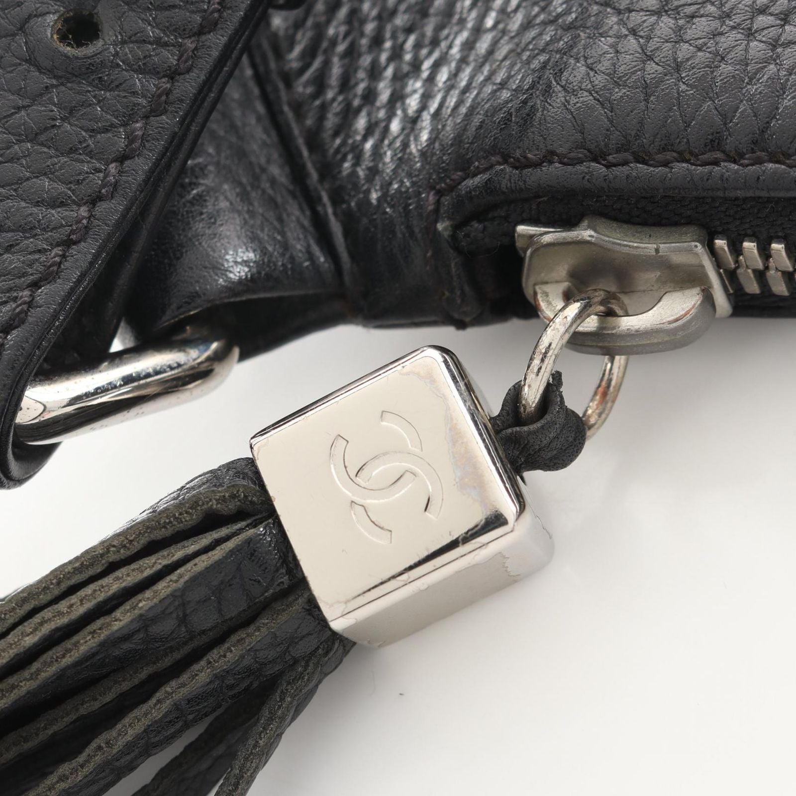 Chanel Shoulder Bag Logo Fringe Black Leather — view 8
