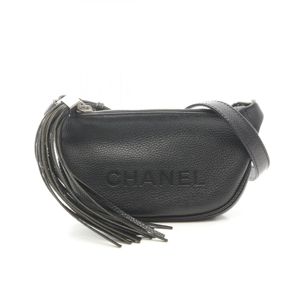 Chanel Shoulder Bag Logo Fringe Black Leather