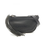 Chanel Shoulder Bag Logo Fringe Black Leather
