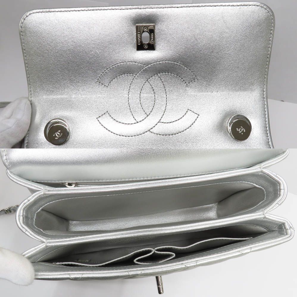 Chanel Top Handle Flap Bag Quilted Silver Lambskin — view 5
