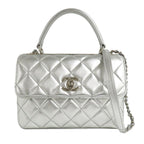 Chanel Top Handle Flap Bag Quilted Silver Lambskin