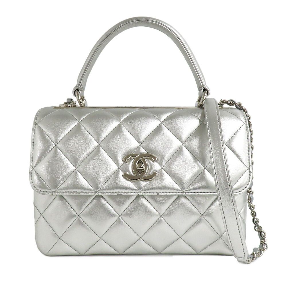 Chanel Top Handle Flap Bag Quilted Silver Lambskin
