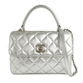 Chanel Top Handle Flap Bag Quilted Silver Lambskin