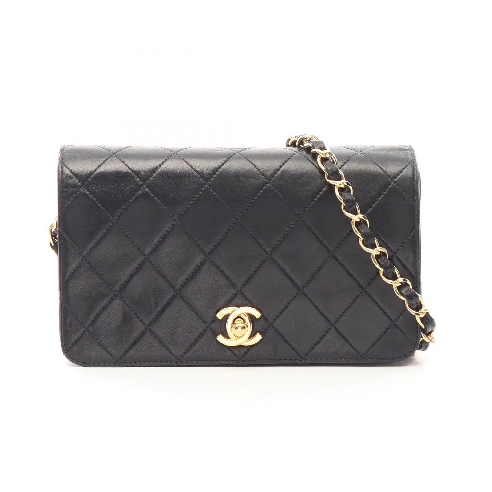 Chanel Shoulder Bag Mini Quilted Full Flap Turnlock Black Lambskin Mini Chain