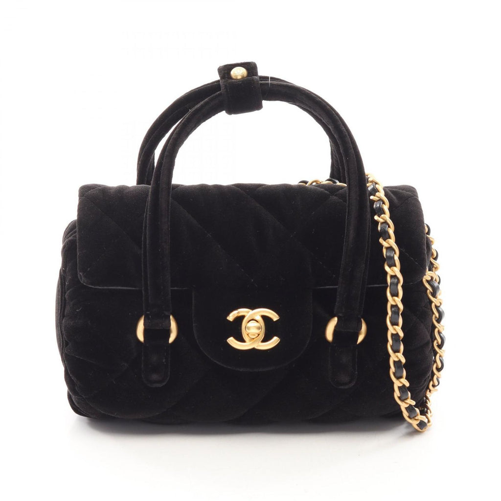 Chanel Shoulder Bag Quilted Mini 2-Way Black Fabric Leather Chain