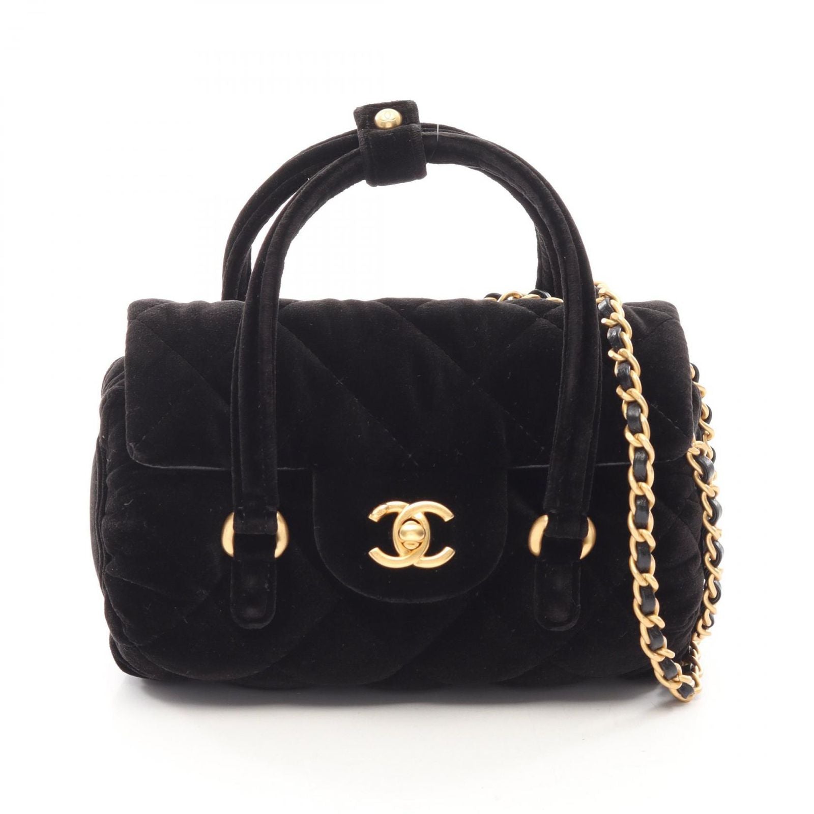 Chanel Shoulder Bag Quilted Mini 2-Way Black Fabric Leather Chain
