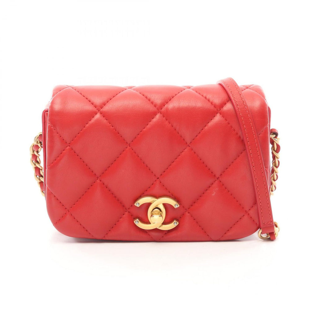 Chanel Shoulder Bag Quilted Mini Red Lambskin Chain