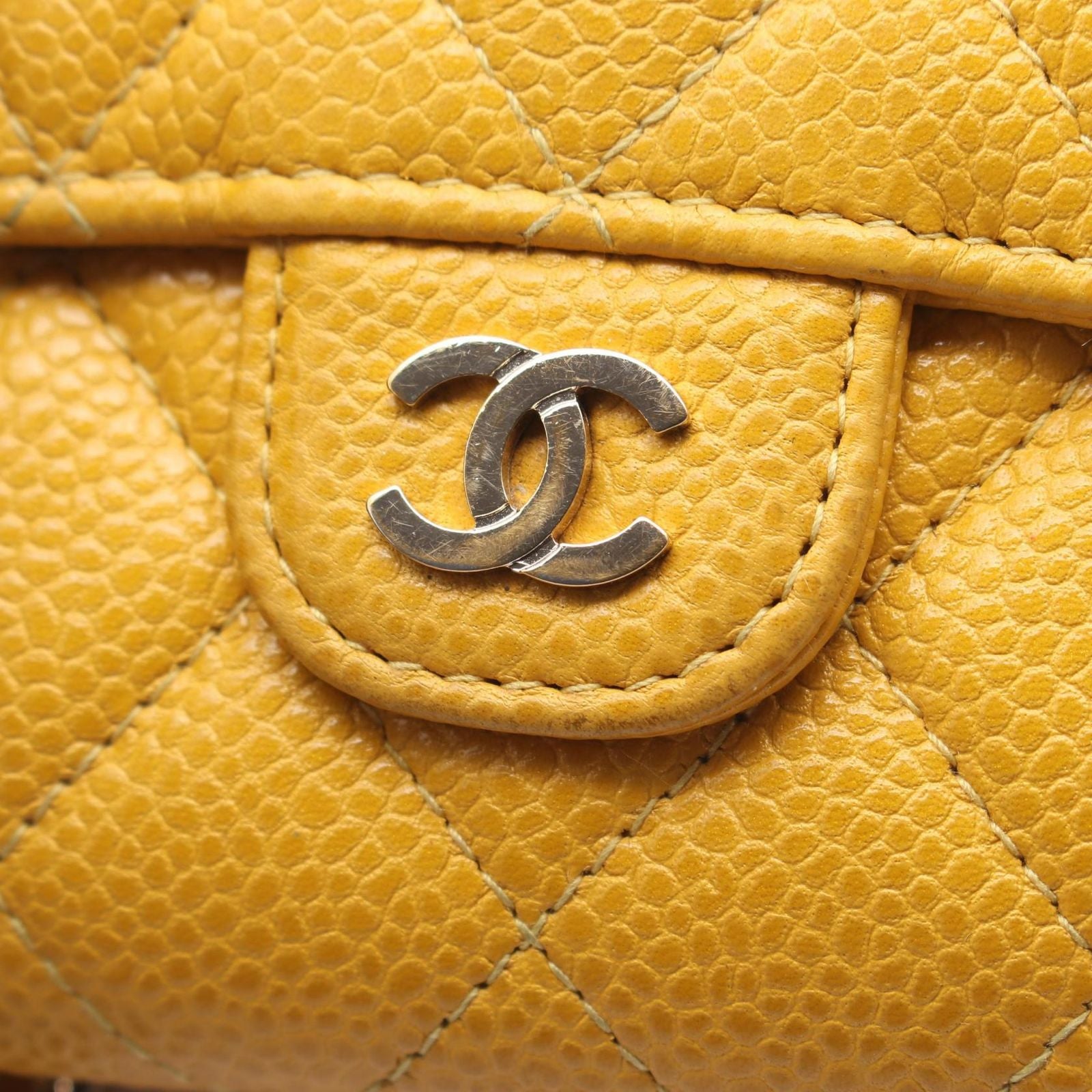 Chanel Shoulder Bag Quilted Mini Yellow Caviar Leather Chain Wallet — view 8