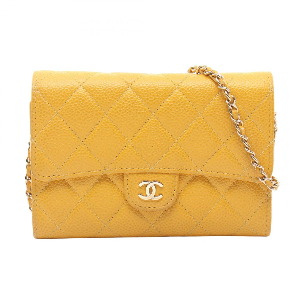 Chanel Shoulder Bag Quilted Mini Yellow Caviar Leather Chain Wallet
