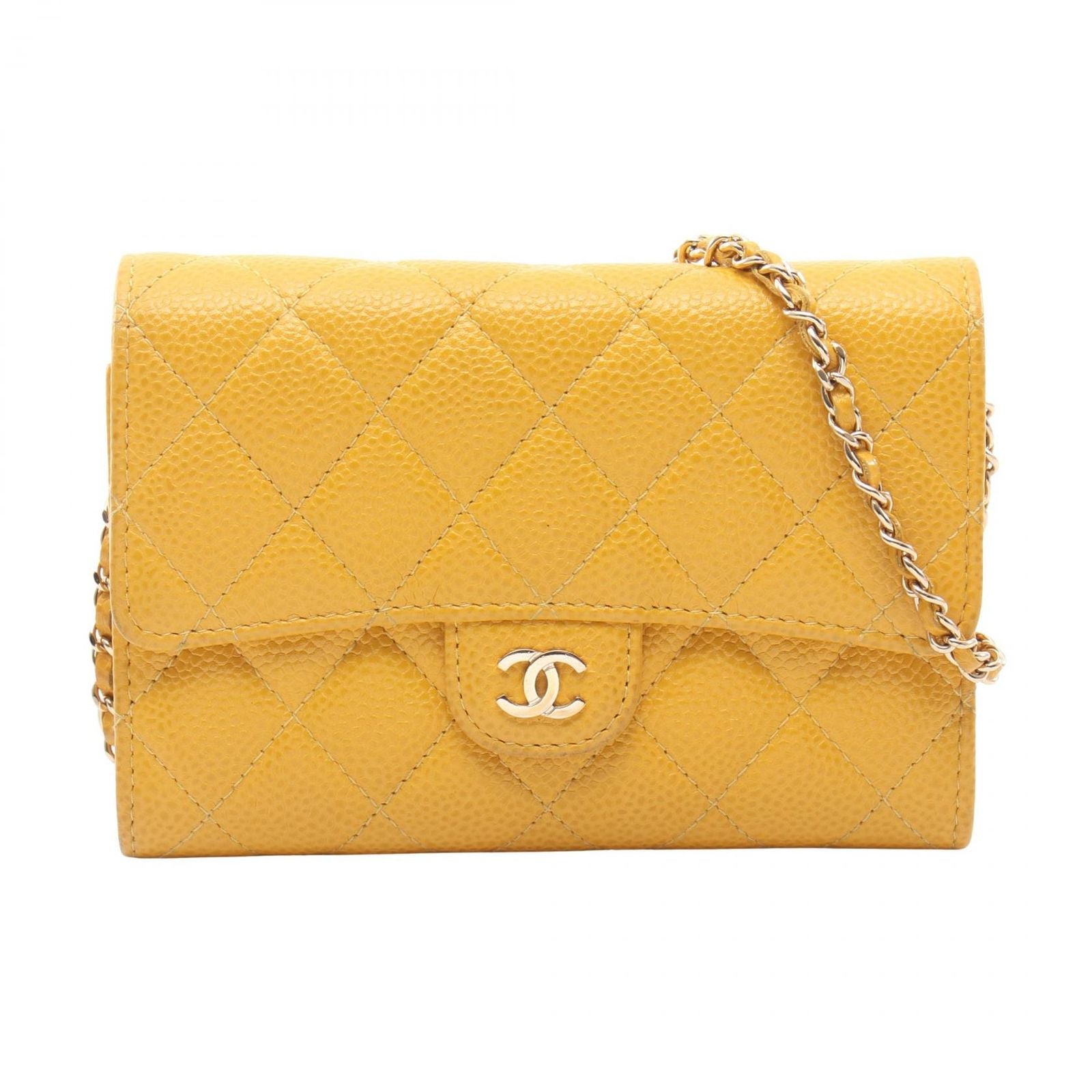 Chanel Shoulder Bag Quilted Mini Yellow Caviar Leather Chain Wallet