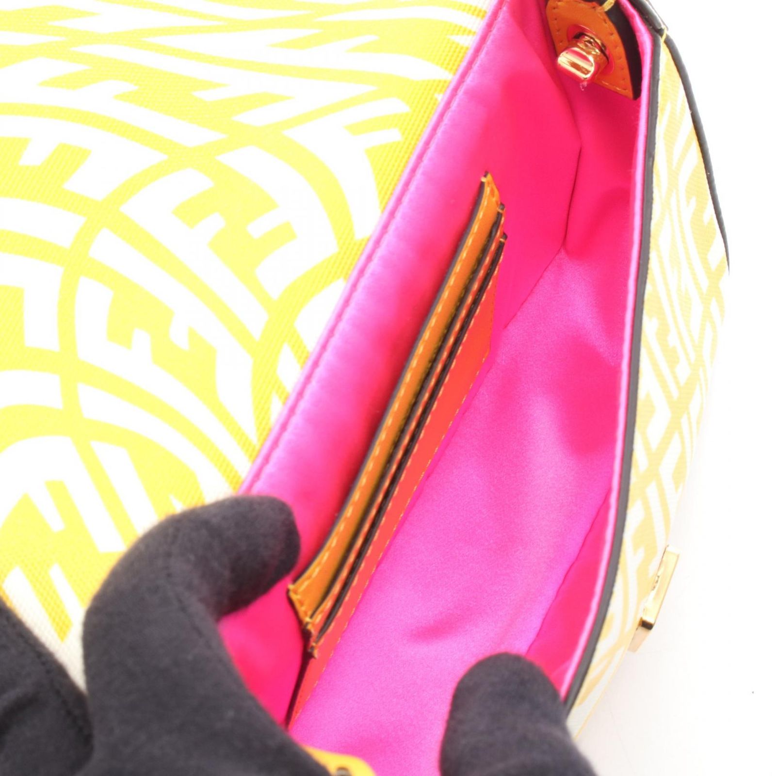 Fendi Shoulder Bag Baguette Small Yellow Canvas Leather — view 3