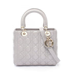 Dior Handbag Lady Dior 2-Way Gray Leather Cannage Tote Midi