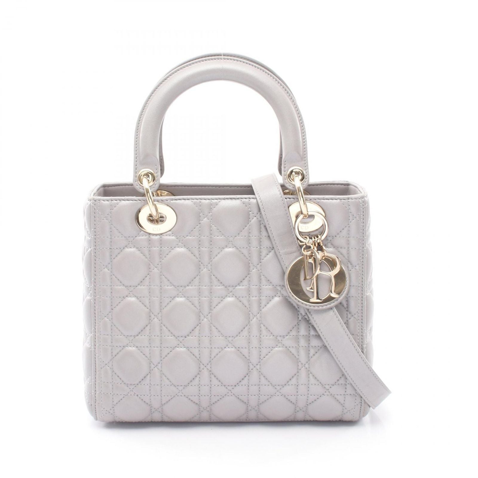 Dior Handbag Lady Dior 2-Way Gray Leather Cannage Tote Midi
