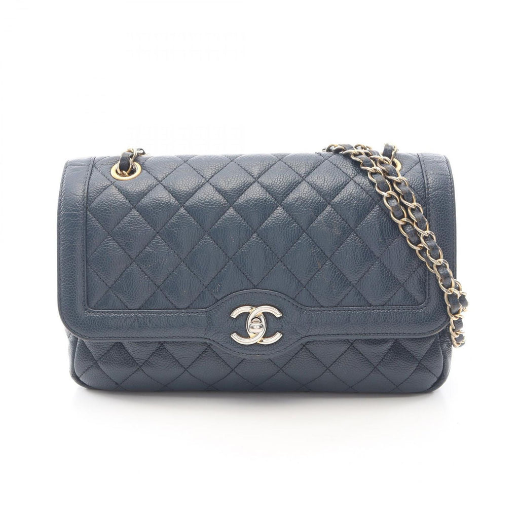 Chanel Shoulder Bag Quilted Single Flap Navy Caviar Leather Chain