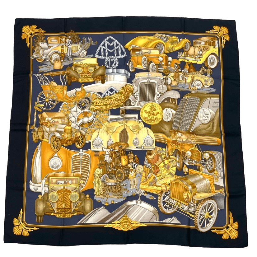 Hermes Carre 90 Automobile Black Gold Scarf Silk