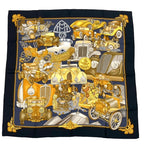 Hermes Carre 90 Automobile Black Gold Scarf Silk