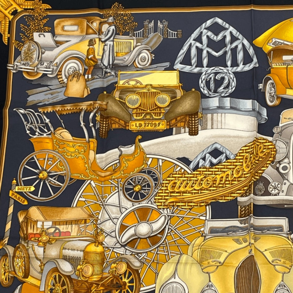 Hermes Carre 90 Automobile Black Gold Scarf Silk