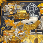 Hermes Carre 90 Automobile Black Gold Scarf Silk